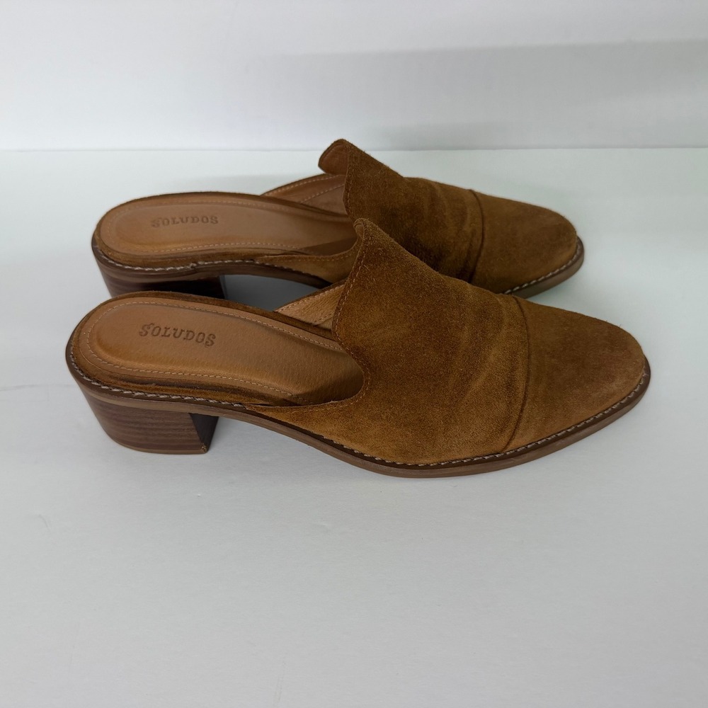 Soludos Venetian Mules Tan Brown Suede Pointed Cap Toe Block Heel Slides 7